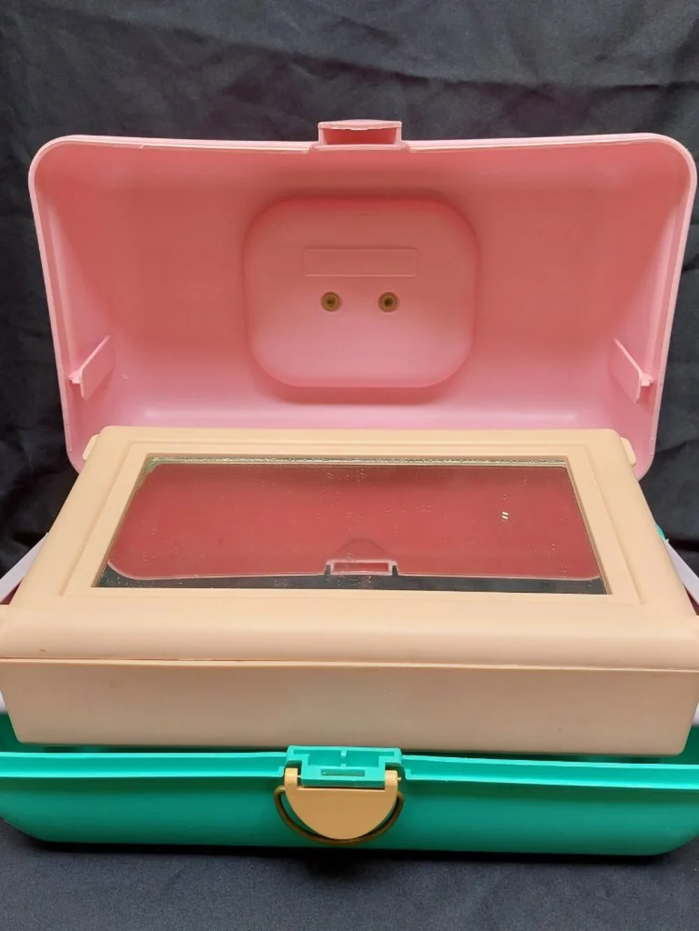 CABOODLES 90s Pink & Green Two Tier w/ Mirror Make Up Case Organizer